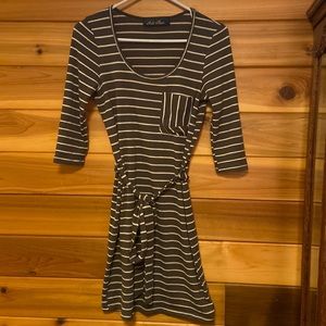 Taupe and white striped sweater dress